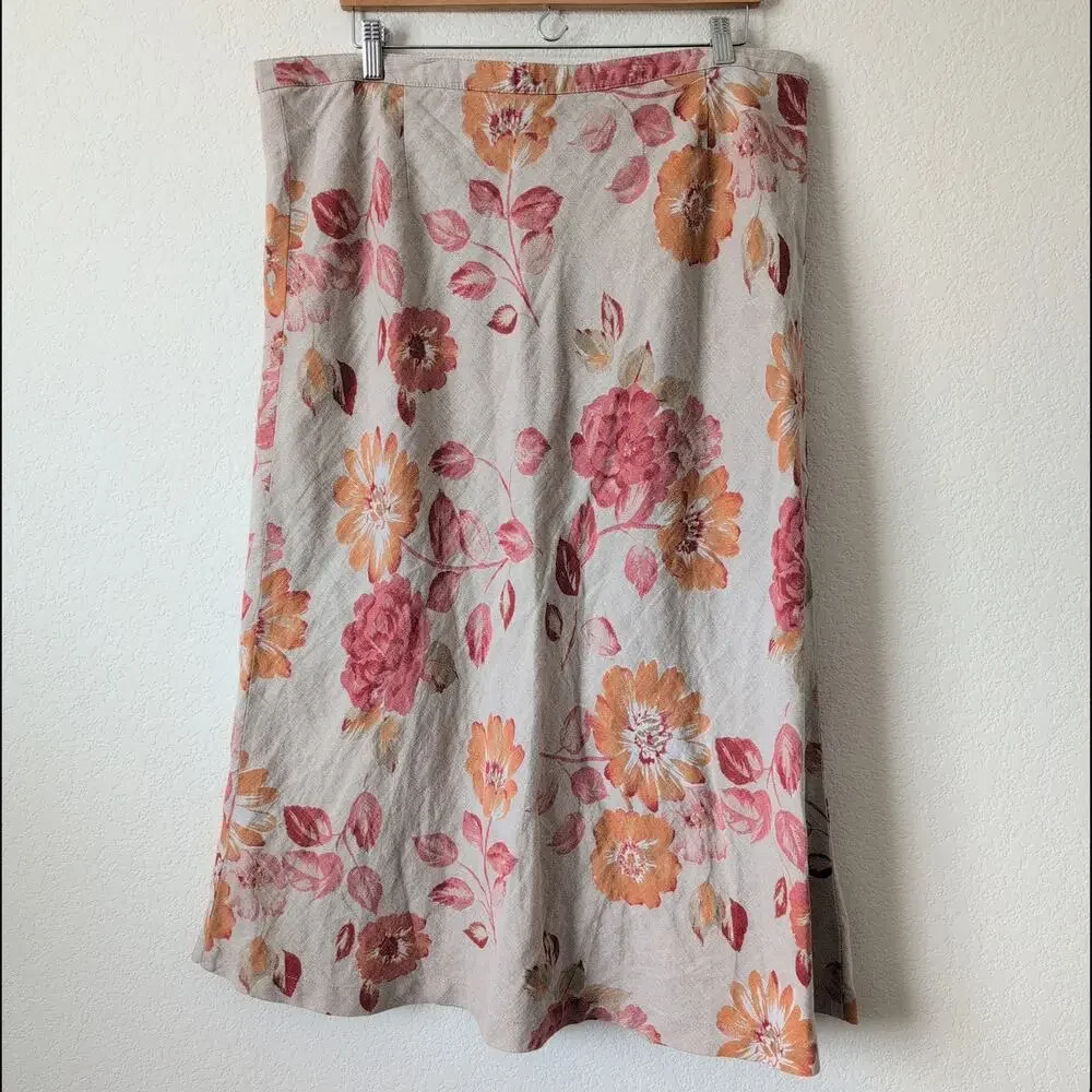 Vintage Eddie Bauer Linen‎ Wrap Skirt Womens 16 - Floral 90s Beige Pink Cottage